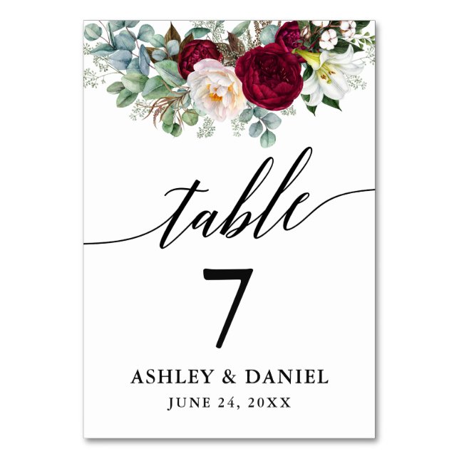 Calligraphy Watercolor Burgundy Floral Wedding Table Number (Back)