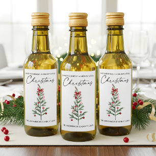 Calligraphy Watercolor Christmas Tree Red Bow Mini Wine Label