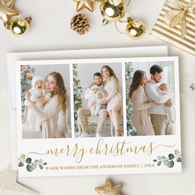 Calligraphy Watercolor Eucalyptus Christmas Gold Holiday Card (Customize to add text to back of card.)