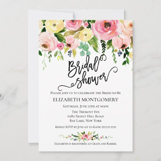 Calligraphy Watercolor Floral Bridal Shower Invitation (Front)