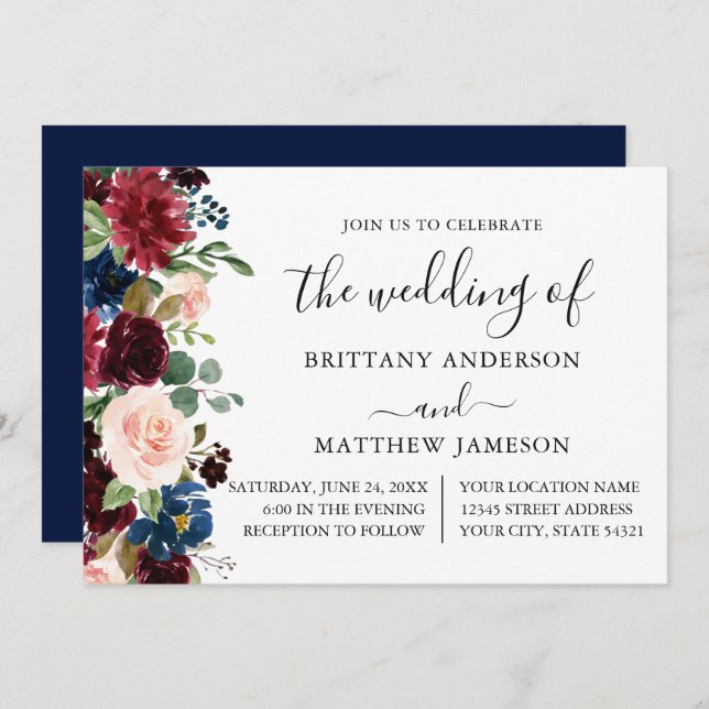 Calligraphy Watercolor Floral Wedding Blue Invitation (Front/Back)