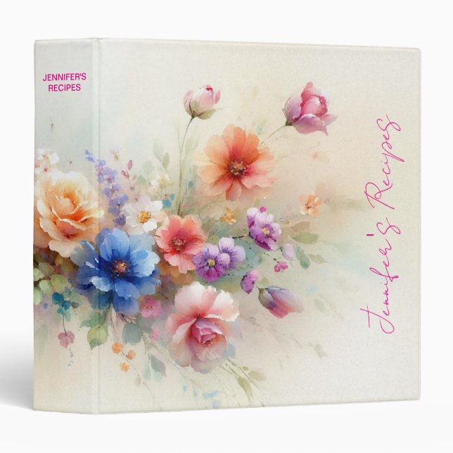 Calligraphy Watercolor Flowers Cookbook Recipe Binder (Front/Spine)