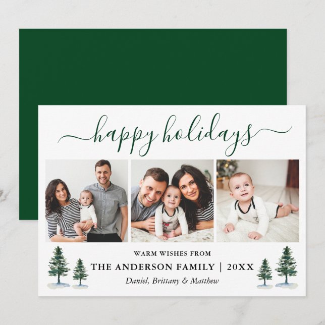 Calligraphy Watercolor Green Pines 3 Photo Holiday Card (Front/Back)