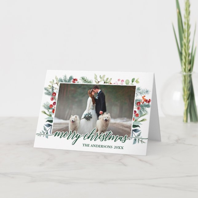 Calligraphy Watercolor Greenery Christmas Card (Front)