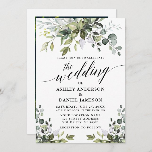 Calligraphy Watercolor Greenery Photo Wedding Invitation (Front/Back)