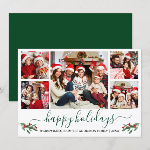 Calligraphy Watercolor Holly 5 Photo Green Holiday Card