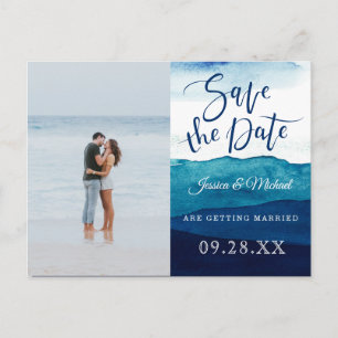 Calligraphy Watercolor Navy Photo Save The Date Invitation Postcard