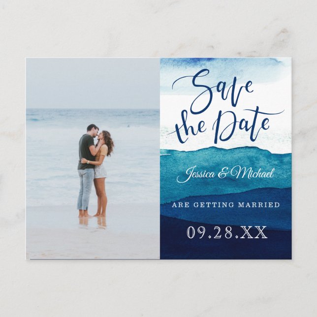 Calligraphy Watercolor Navy Photo Save The Date Invitation Postcard (Front)