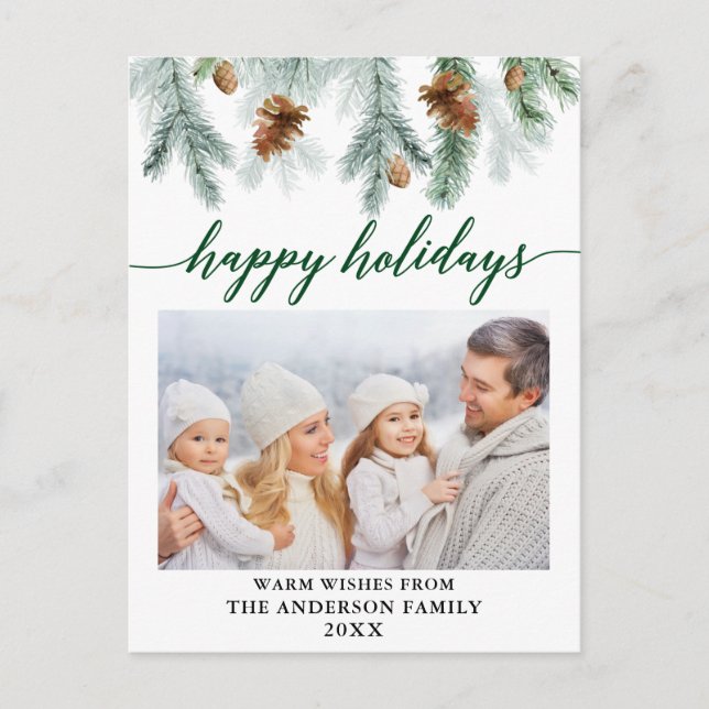 Calligraphy Watercolor Pine Cones Green Holiday Postcard (Front)