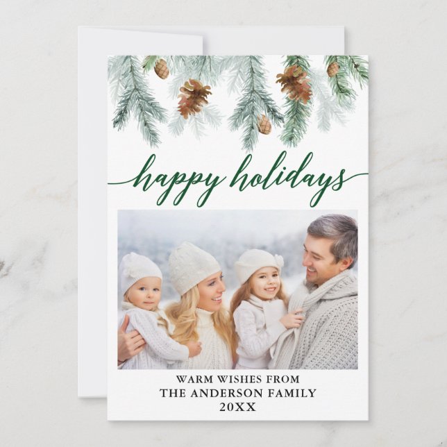 Calligraphy Watercolor Pine Cones Photo Green Holiday Card (Front)