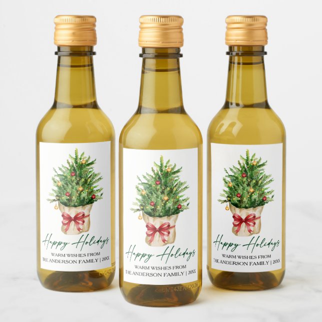 Calligraphy Watercolor Pine Red Bow Holiday Mini Wine Label (Bottles)