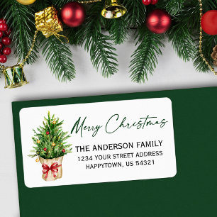 Calligraphy Watercolor Pine Red Bow Return Address Label