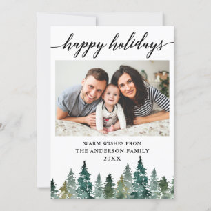 Calligraphy Watercolor Pine Trees Photo Holiday Card