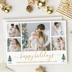 Calligraphy Watercolor Pines Gold Holiday Card