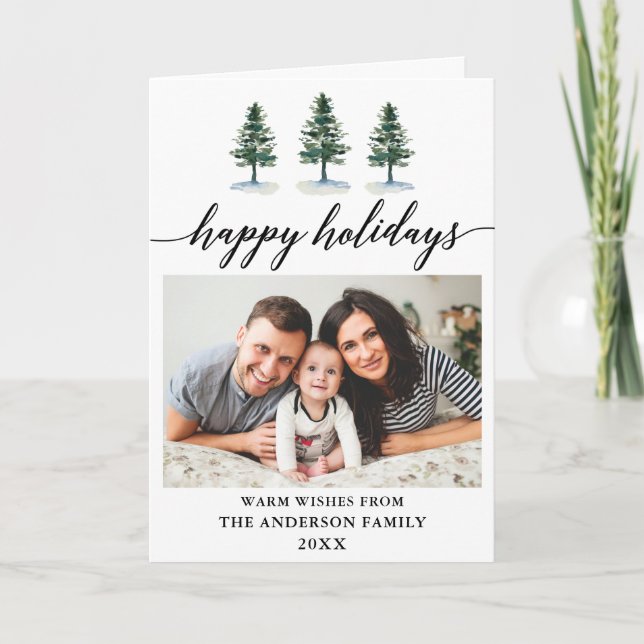 Calligraphy Watercolor Pines Photo Folded Holiday Card (Front)