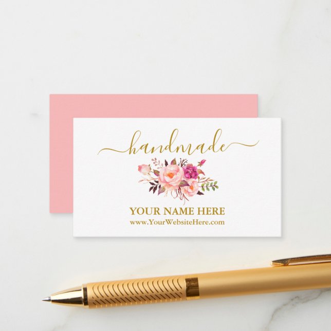 Calligraphy Watercolor Pink Floral Handmade Gold Enclosure Card (Front/Back In Situ)