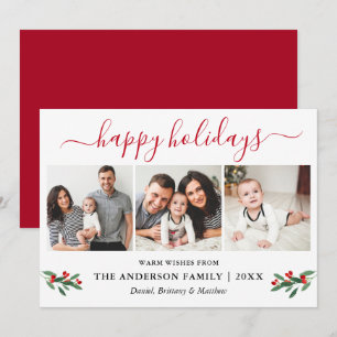 Calligraphy Watercolor Red Holly 3 Photo Holiday Card
