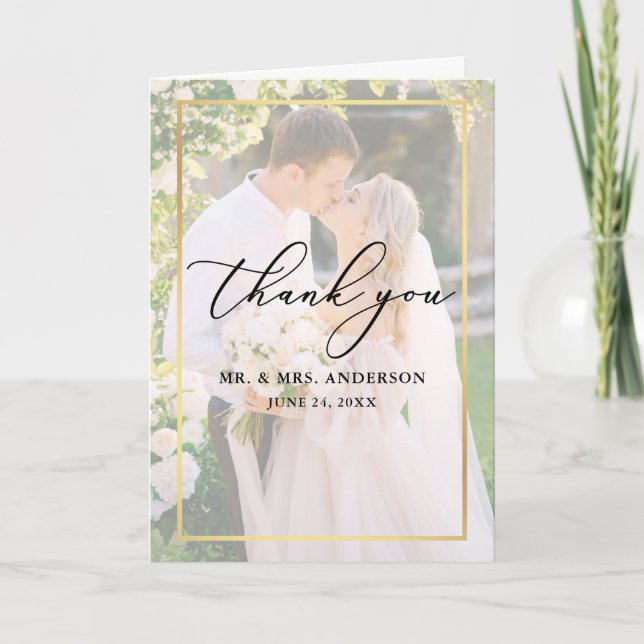 Calligraphy Wedding 2 Photo Gold Overlay Fold Thank You Card (Front)