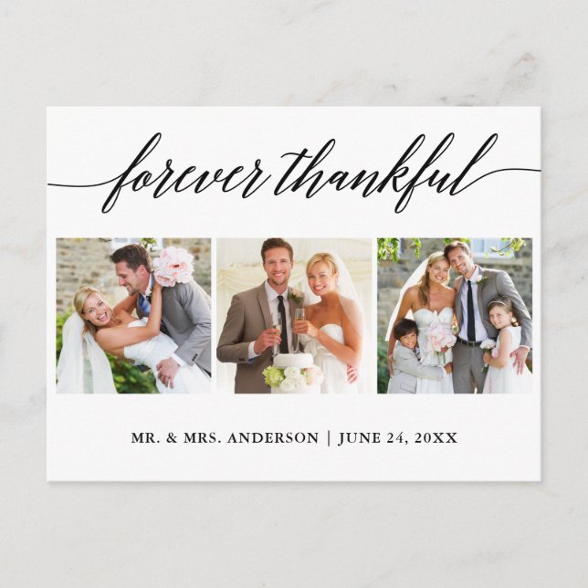 Calligraphy Wedding 3 Photo Forever Thankful Postcard (Front)