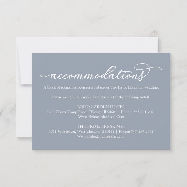 Calligraphy Wedding Accommodations Dusty Blue Card (Front)