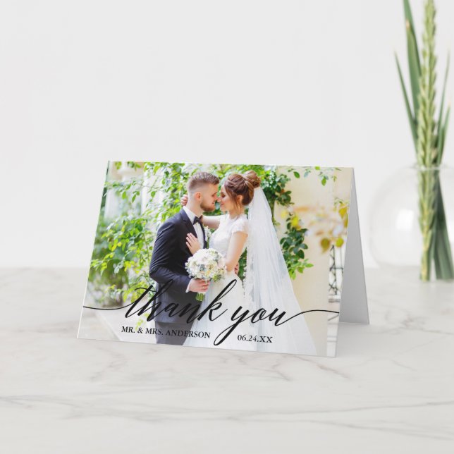 Calligraphy Wedding Bride Groom Photo B Fold Thank You Card (Front)