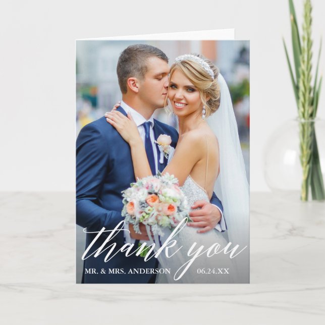 Calligraphy Wedding Bride Groom Photo Fold Thank You Card (Front)