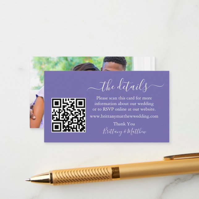 Calligraphy Wedding Details QR Photo Periwinkle Enclosure Card (Front/Back In Situ)