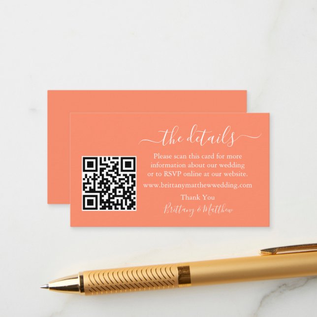 Calligraphy Wedding Details Website QR Coral Enclosure Card (Front/Back In Situ)