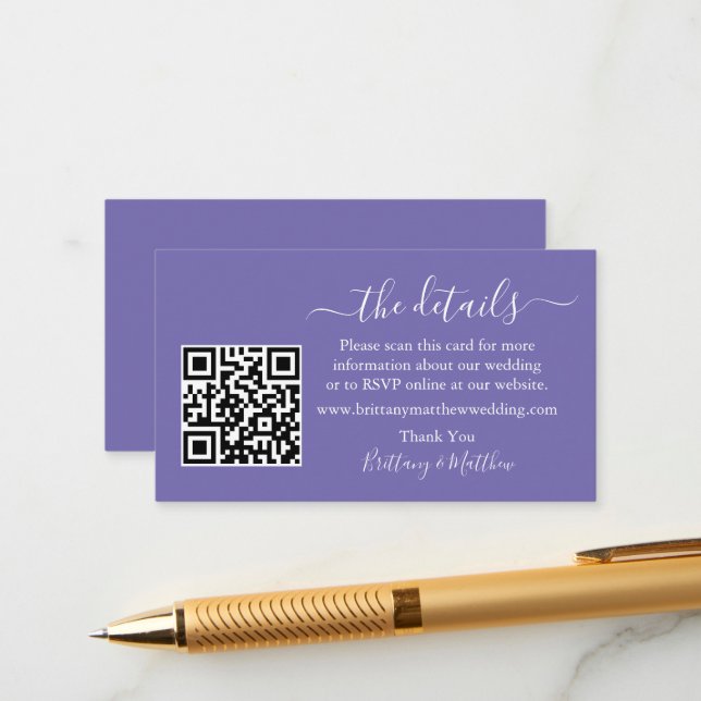 Calligraphy Wedding Details Website QR Periwinkle Enclosure Card (Front/Back In Situ)