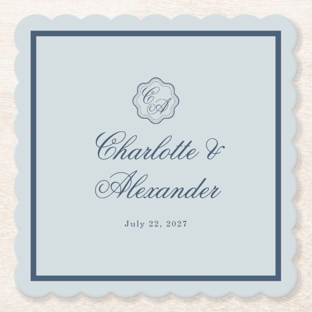 Calligraphy Wedding Dusty Blue Paper Coaster (Front)