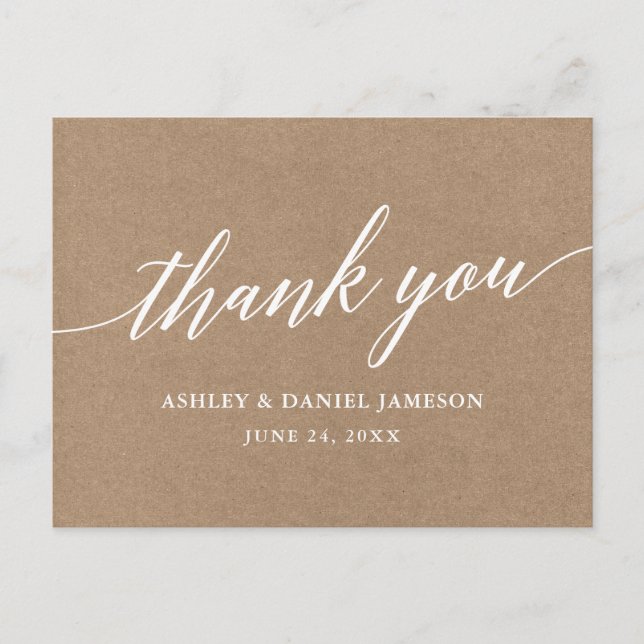 Calligraphy Wedding Kraft Thank You Postcard (Front)
