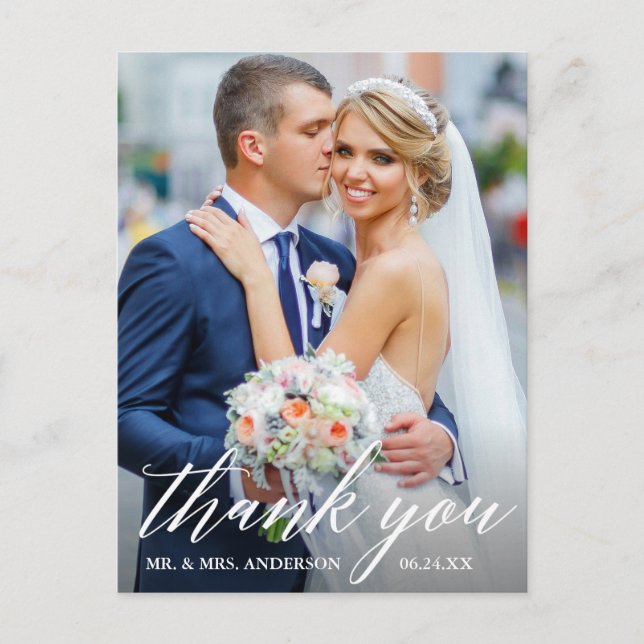Calligraphy Wedding Photo Bride Groom Thank You Postcard (Front)