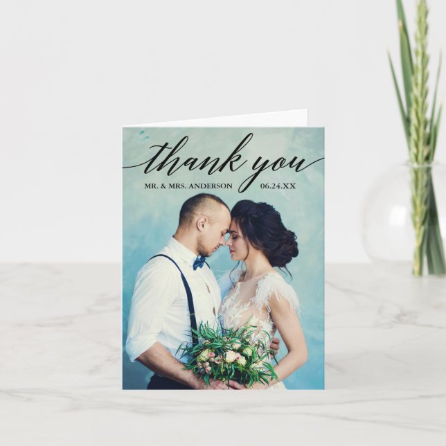Calligraphy Wedding Photo Note Thank You Card (Front)