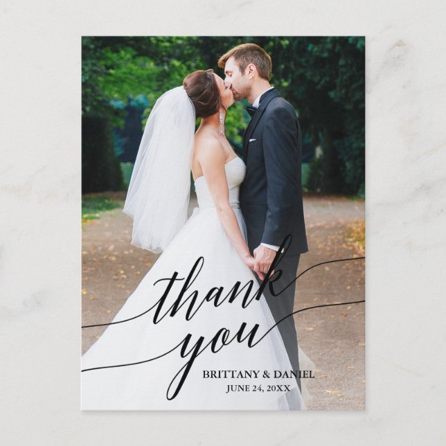 Calligraphy Wedding Photo Overlay Thank You Postcard (Front)