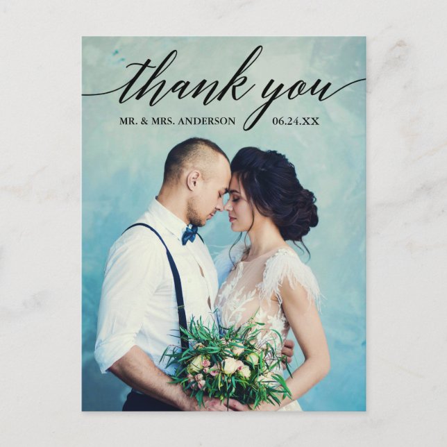Calligraphy Wedding Photo Thank You Postcard (Front)
