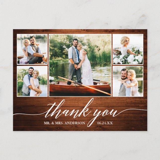 Calligraphy Wedding Wood 5 Photo Thank You Postcard (Front)
