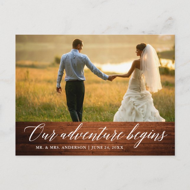 Calligraphy Wedding Wood Our Adventure Begins Postcard (Front)