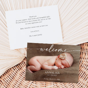 Calligraphy Welcome Baby Photo Announcement Card