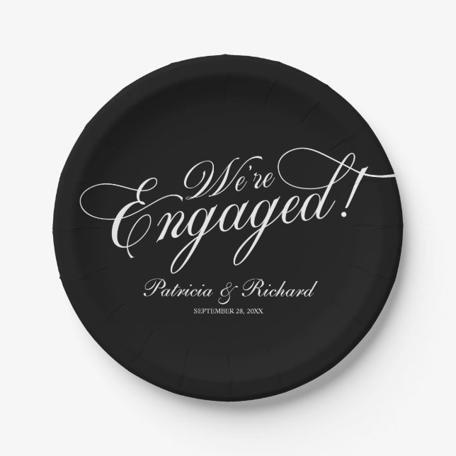 Calligraphy We're Engaged Engagement Party Black  Paper Plate (Front)