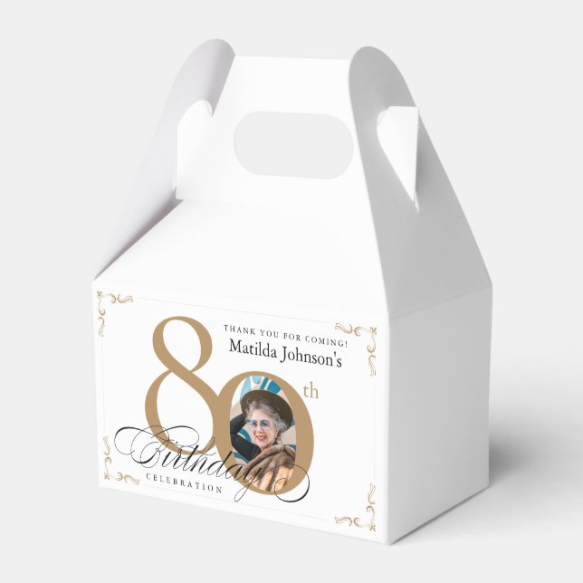 Calligraphy White Gold Custom Photo 80th Birthday Favor Box (Front Side)