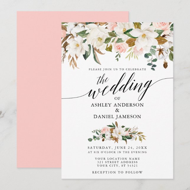 Calligraphy White Magnolias Pink Roses Wedding Invitation