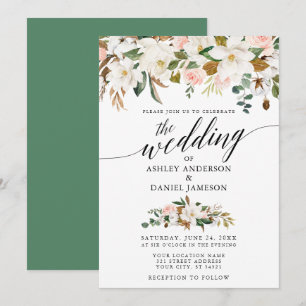 Calligraphy White Magnolias Roses Wedding Invitation