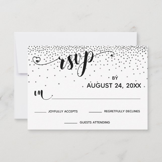 Calligraphy with Hearts, Silver Glitter Confetti RSVP Card (Front)