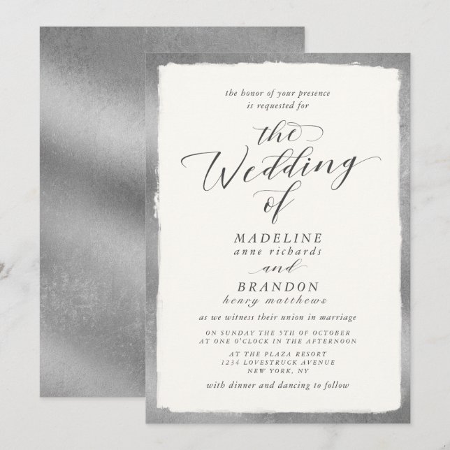 Calligraphy with Silver Edge Luxurious Wedding Invitation (Front/Back)