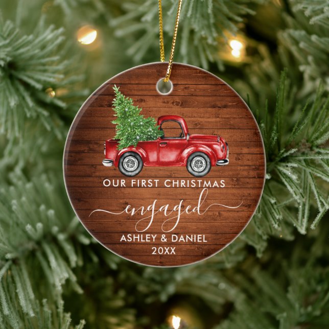 Calligraphy Wood First Christmas Engaged Truck Ceramic Ornament (Tree)