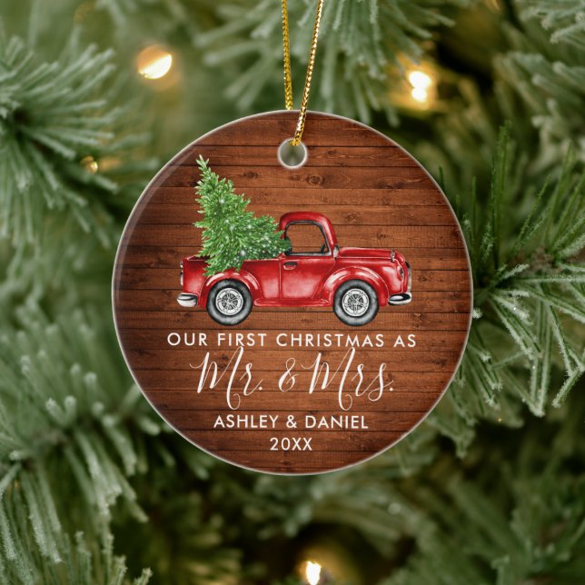 Calligraphy Wood First Christmas Mr. Mrs. Truck Ceramic Ornament (Tree)