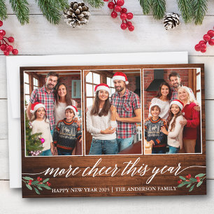 Calligraphy Wood More Cheer This Year 3 Photo Holiday Card