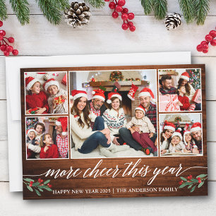 Calligraphy Wood More Cheer This Year 5 Photo Holiday Card