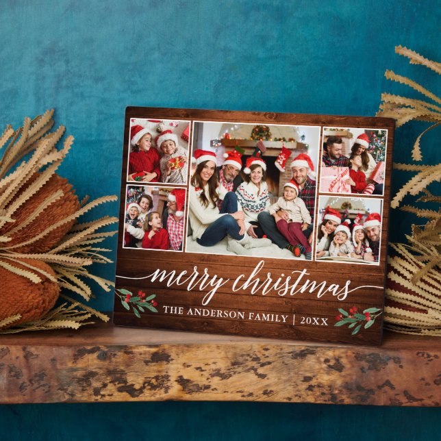Calligraphy Wood Print 5 Photo Family Christmas Plaque (Side)