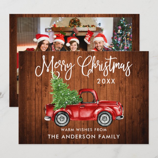 Calligraphy Wood Truck Christmas Photo Back Holiday Card (Front/Back)